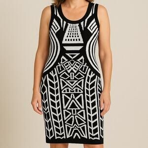 New Large Stilettos Black White Pattern Dress Sheath Stretchy Bodycon‎